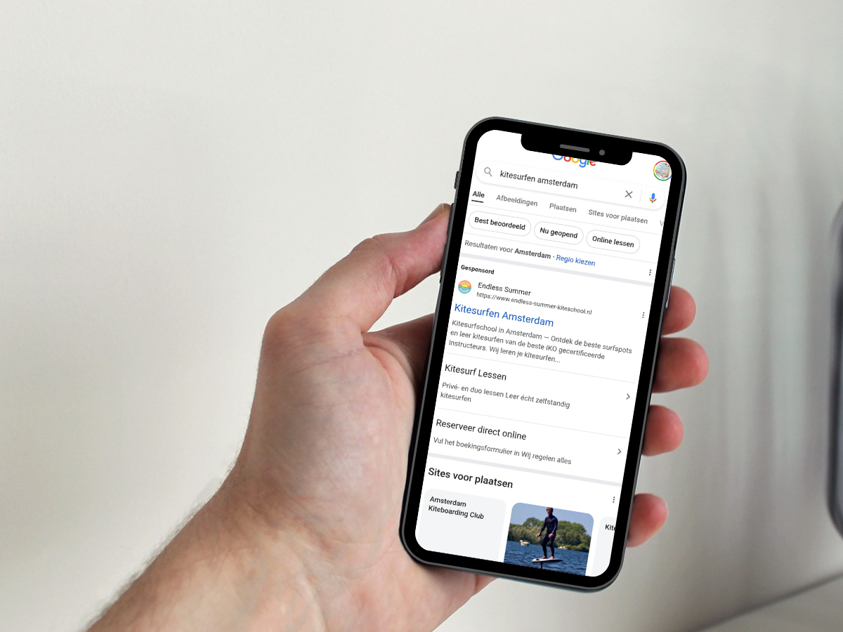 Kitesurfschool endless summer in de Google zoekresultaten
